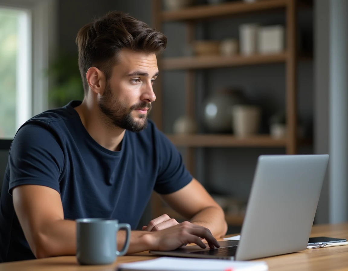 Homme utilisant un ordinateur portable et un smartphone pour naviguer anonymement sur les réseaux sociaux depuis un bureau à domicile