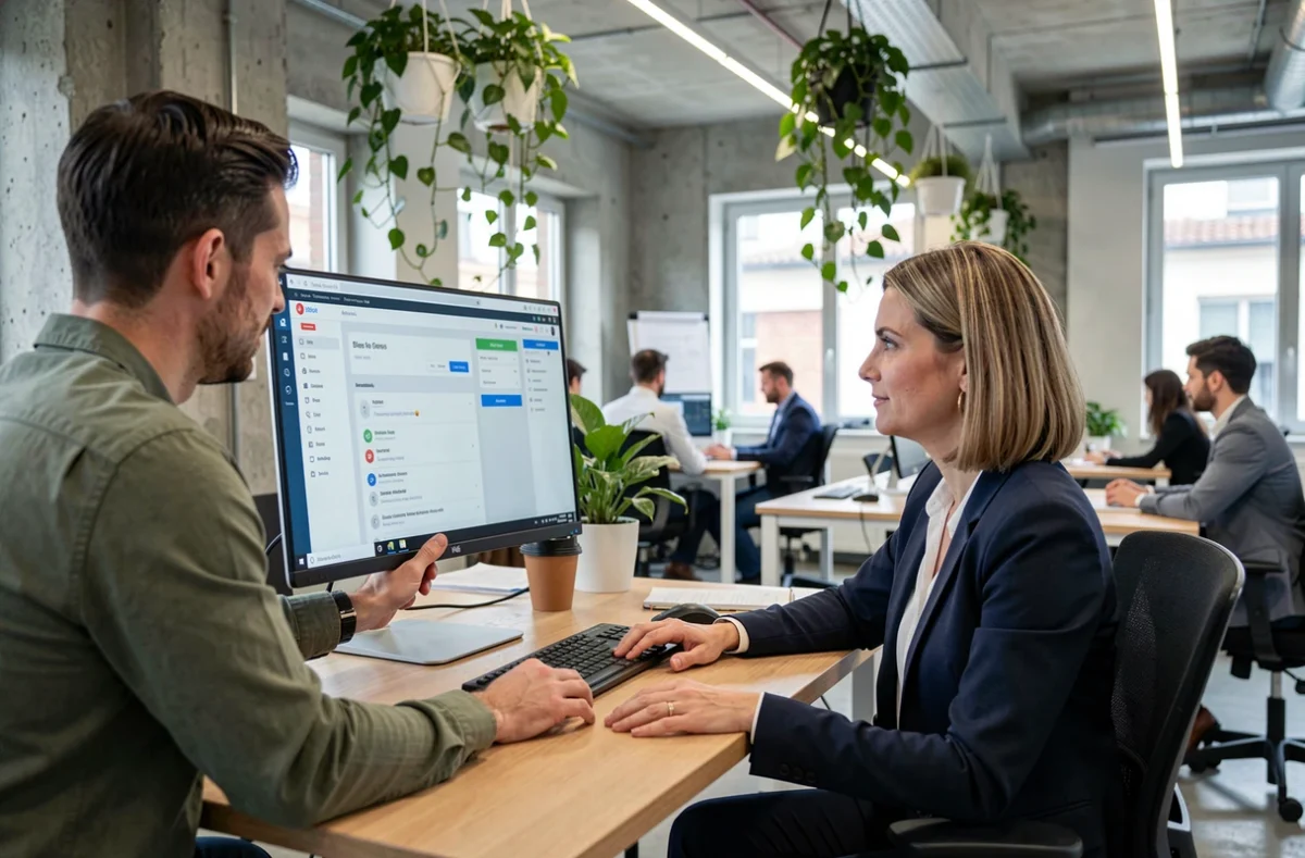 Consultant d'OpenDecide présentant une solution de développement informatique à une cliente dans un bureau moderne à Toulouse
