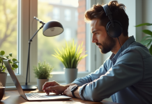 Personne dans un bureau moderne écoutant de l'audio avec casque