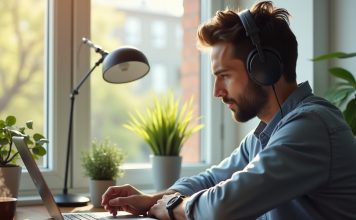 Transcrire enregistrement audio : astuces et outils pour une transcription efficace Personne dans un bureau moderne écoutant de l'audio avec casque