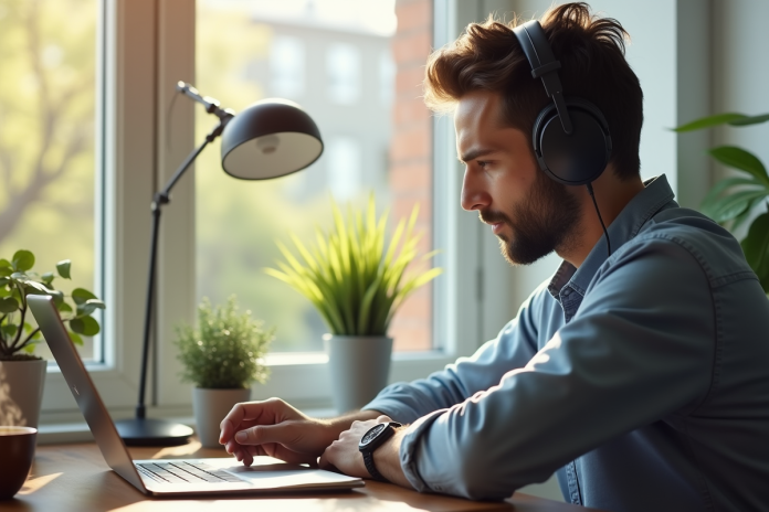 Personne dans un bureau moderne écoutant de l'audio avec casque