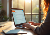 Personne utilisant un ordinateur portable lumineux dans un bureau naturel