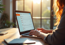Personne utilisant un ordinateur portable lumineux dans un bureau naturel