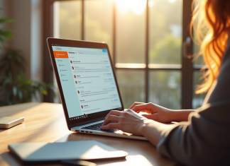 Personne utilisant un ordinateur portable lumineux dans un bureau naturel