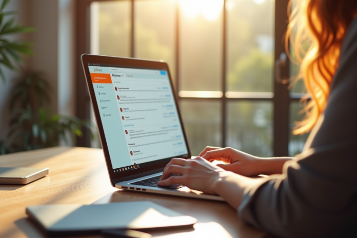 Personne utilisant un ordinateur portable lumineux dans un bureau naturel