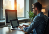 Personne travaillant sur un ordinateur portable dans un bureau lumineux