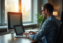 Personne travaillant sur un ordinateur portable dans un bureau lumineux