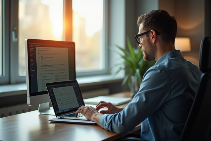 Personne travaillant sur un ordinateur portable dans un bureau lumineux