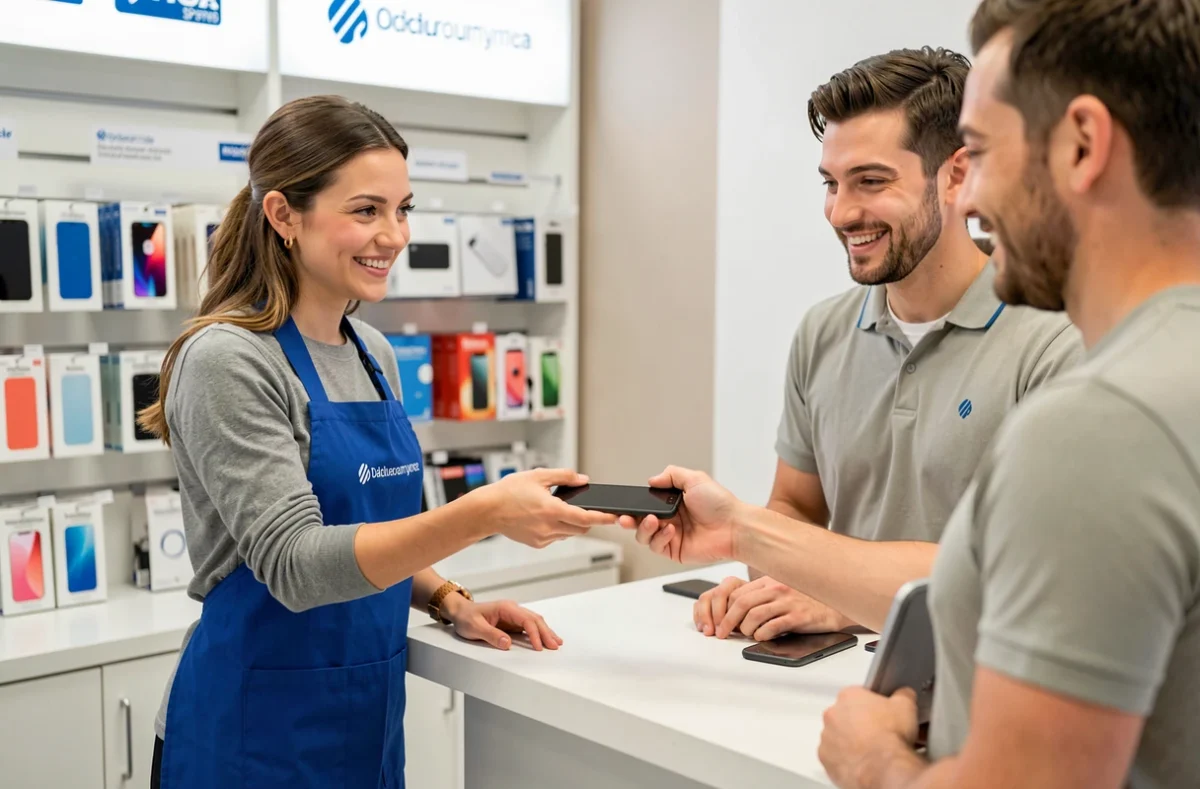 Technicienne Planet SAV en tablier bleu remettant un smartphone réparé à un client satisfait au comptoir d'un magasin de réparation électronique