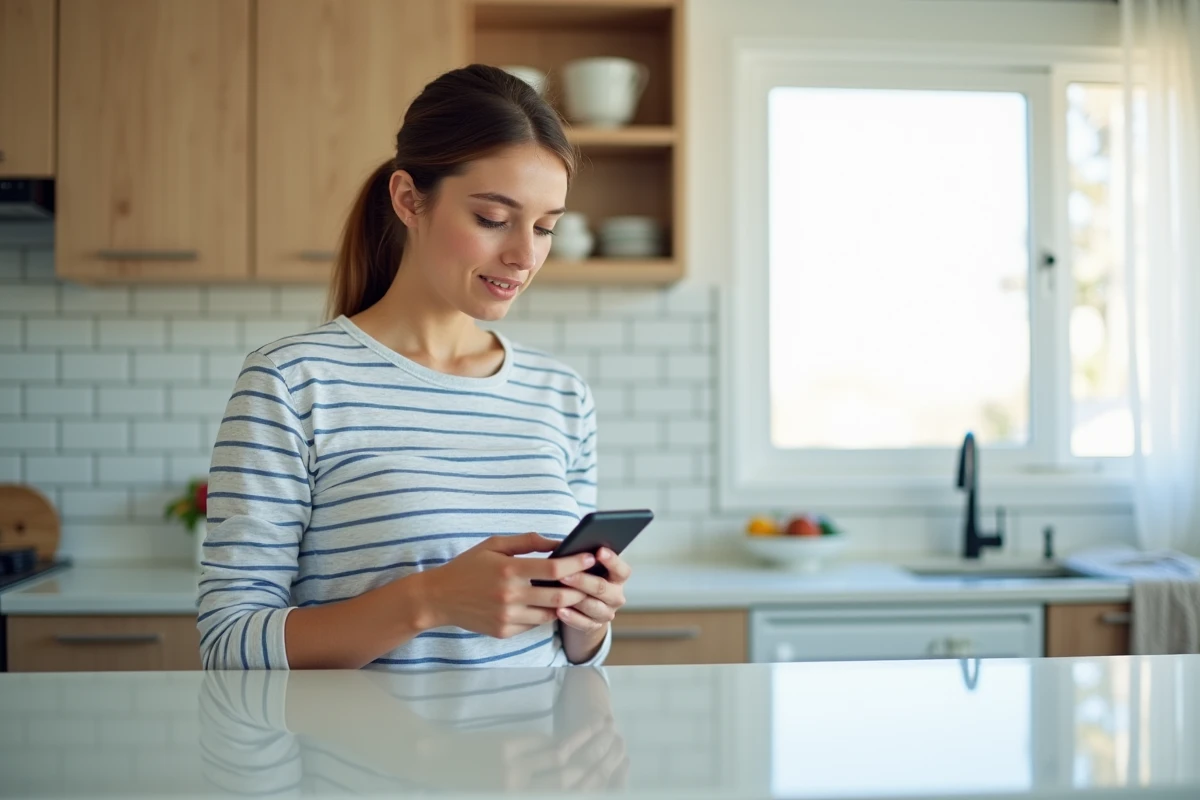 Jeune femme consultant le portail Arena Aix Marseille sur smartphone dans sa cuisine