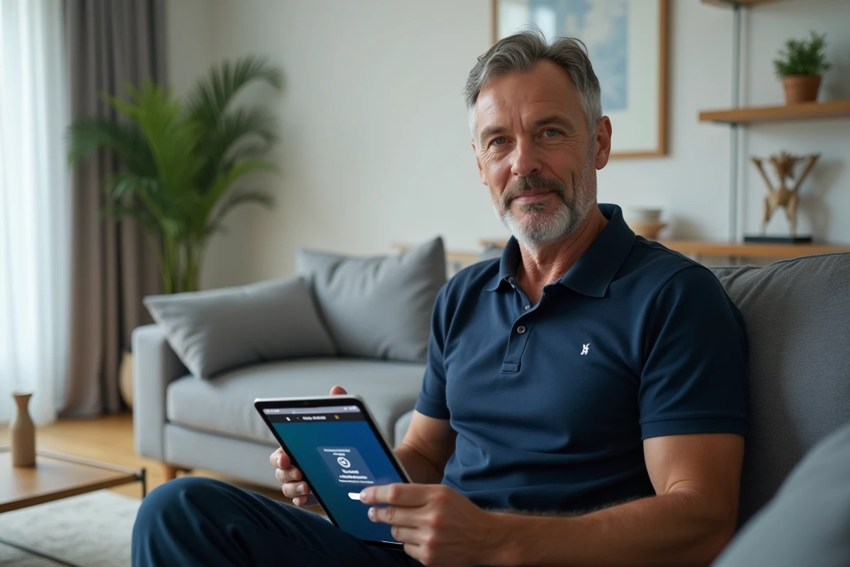 Homme accédant au portail Arena Aix Marseille sur tablette depuis son salon