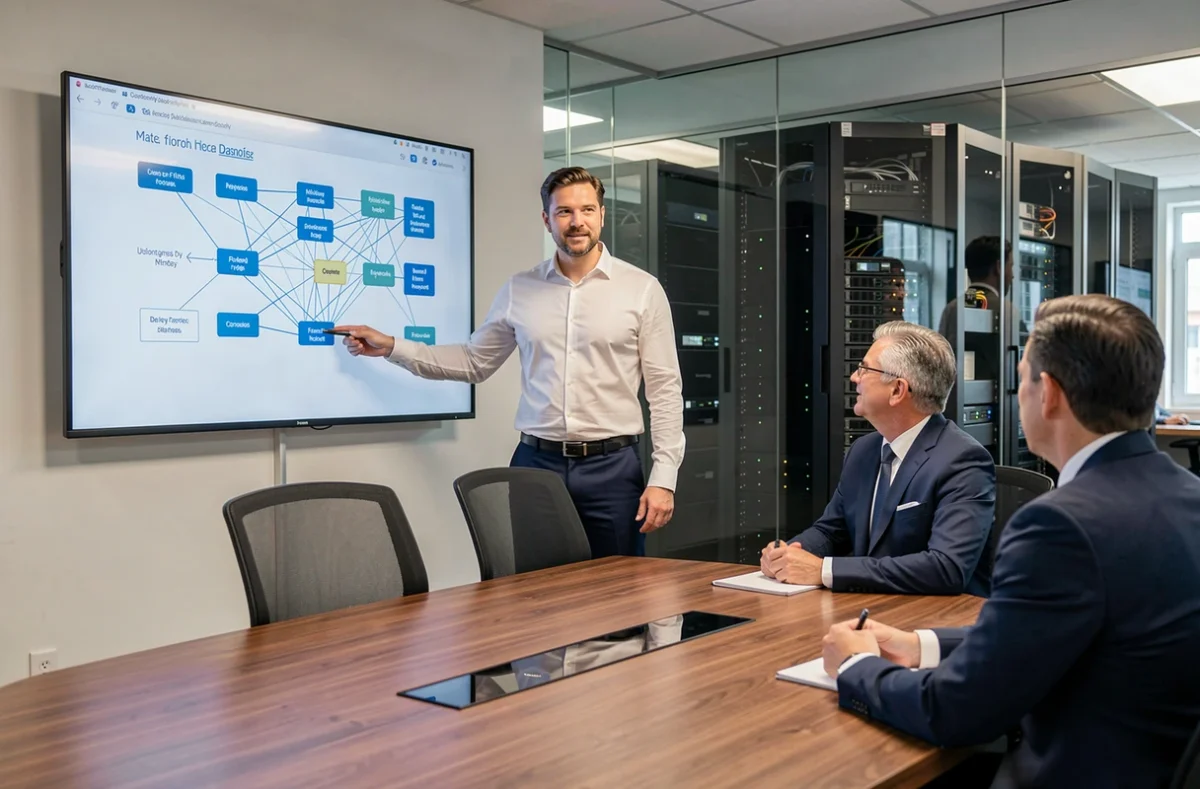 Expert PowerITI présentant une solution d'infrastructure réseau à des clients en entreprise dans une salle de réunion professionnelle moderne