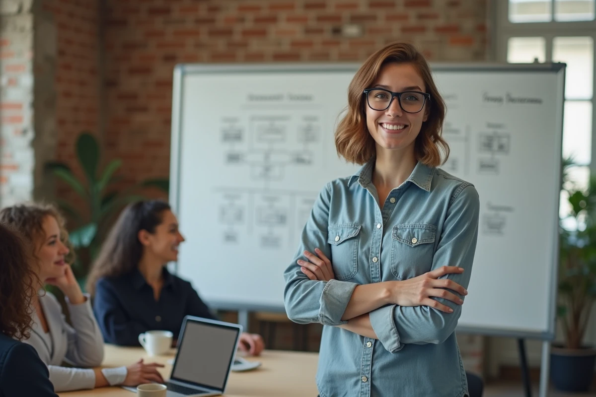 Femme présentant un diagramme d architecture dans un espace de coworking