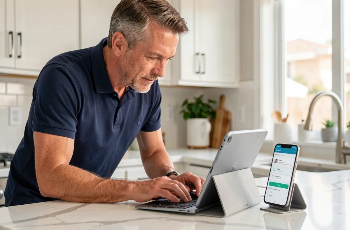 Homme consultant l'historique du presse-papier de son téléphone Android depuis une tablette connectée dans une cuisine moderne