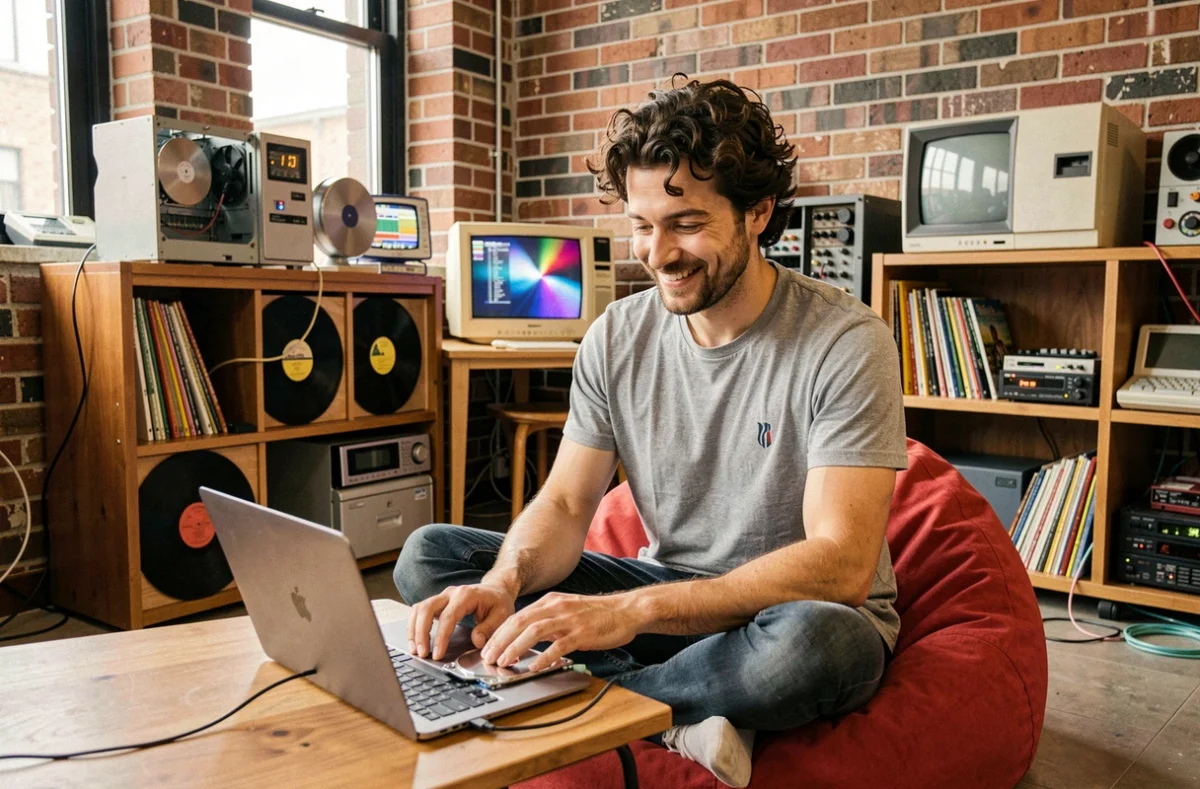 Technicien Qu'est Ce Qui Tourne assis dans un espace de travail créatif et décalé, diagnostiquant un disque dur avec un sourire décontracté