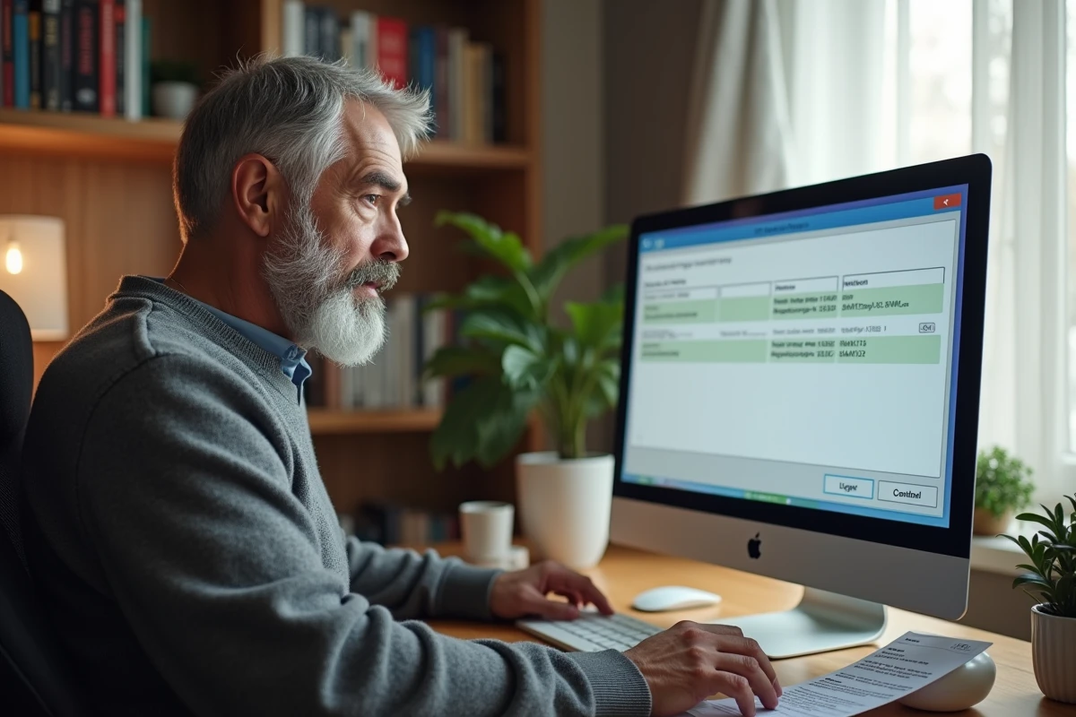 Homme paramétrant un logiciel de messagerie avec les réglages SMTP depuis son bureau à domicile