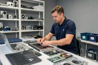Technicien informatique professionnel travaillant dans un atelier de réparation d'ordinateurs dans le Val-de-Marne