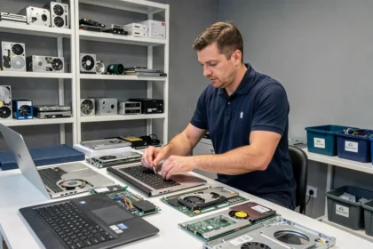 Technicien informatique professionnel travaillant dans un atelier de réparation d'ordinateurs dans le Val-de-Marne