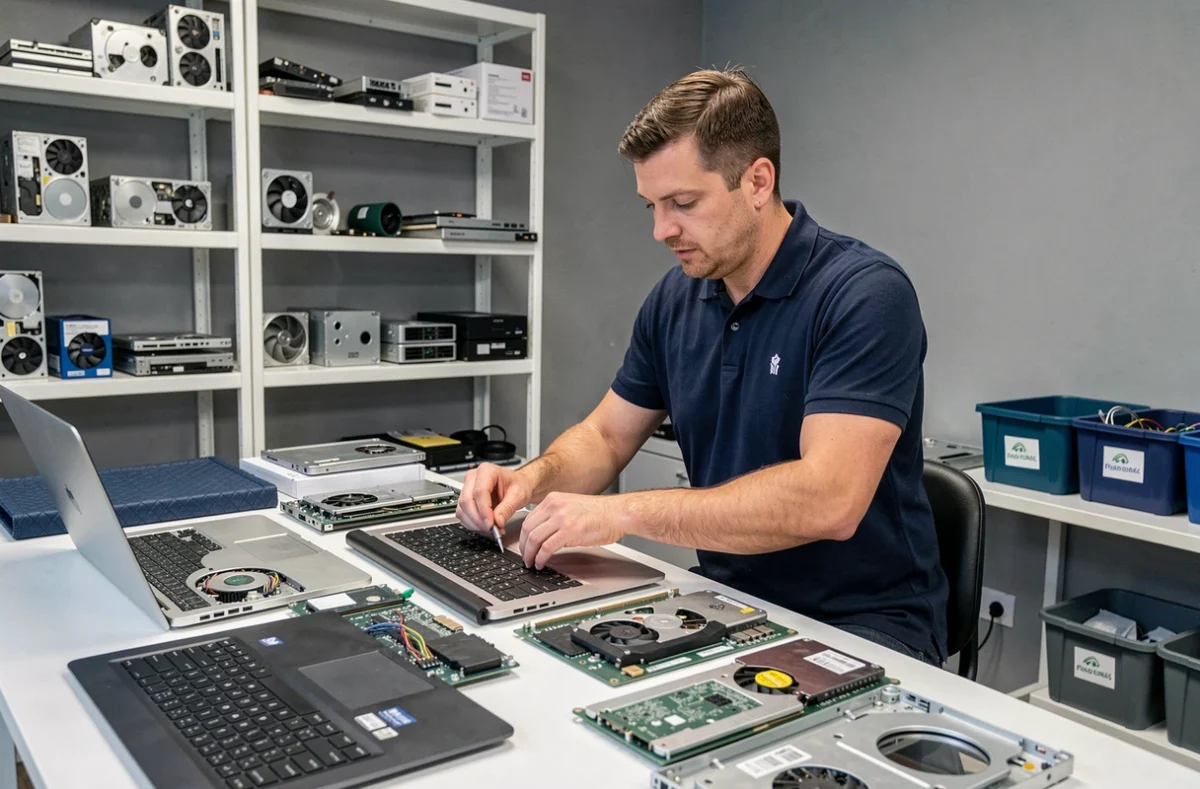 Technicien informatique professionnel travaillant dans un atelier de réparation d'ordinateurs dans le Val-de-Marne
