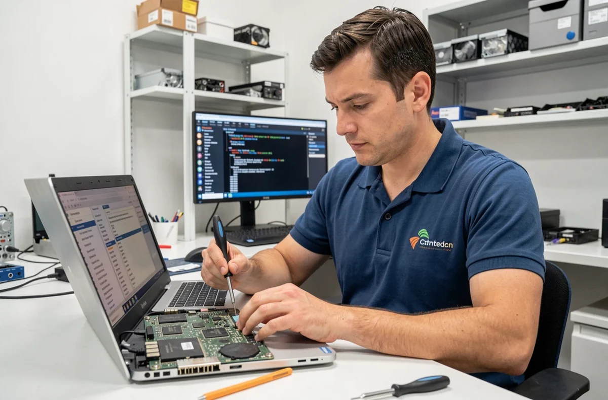 Technicien de Reset Informatique examinant une carte mère d'ordinateur portable dans un atelier de réparation à Toulouse