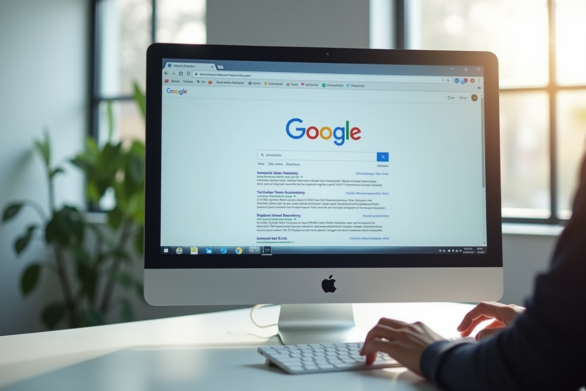 Page de résultats de recherche affichée sur un moniteur clair