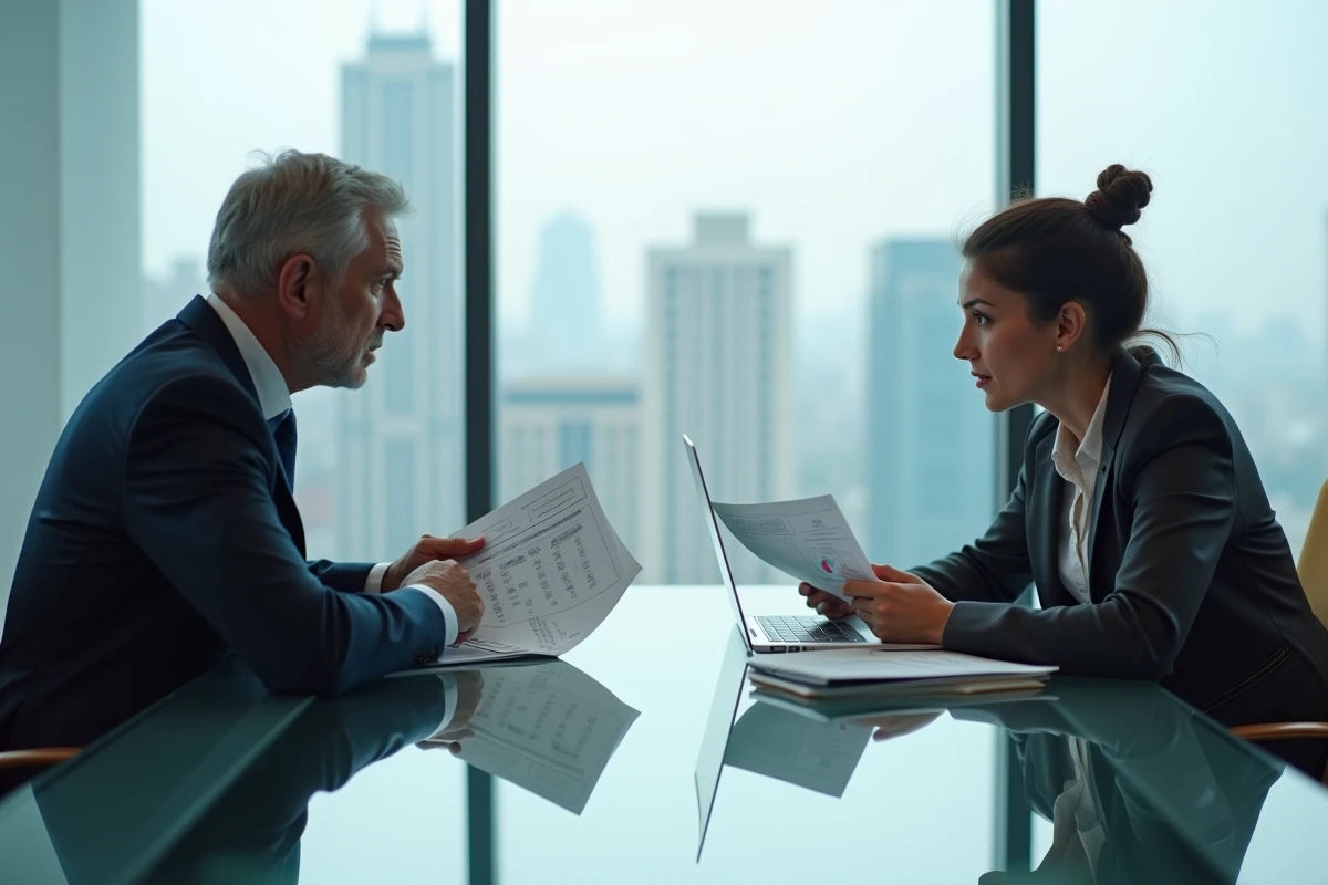 Deux cadres d'entreprise comparant les offres tarifaires de ChatGPT 5 et des alternatives IA en réunion stratégique