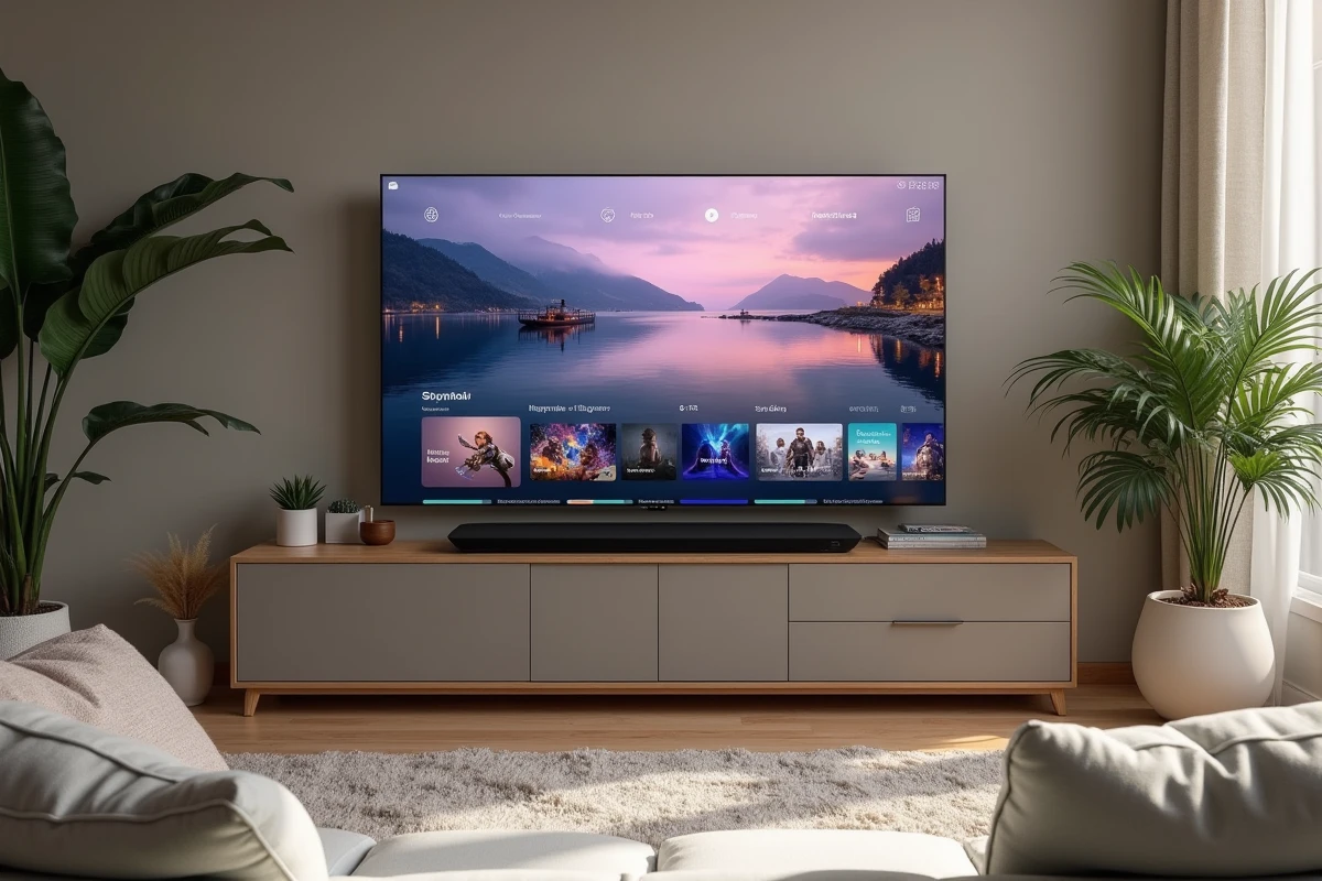 Salon moderne avec une console Xbox nouvelle génération connectée à un téléviseur OLED affichant une interface cloud et IA