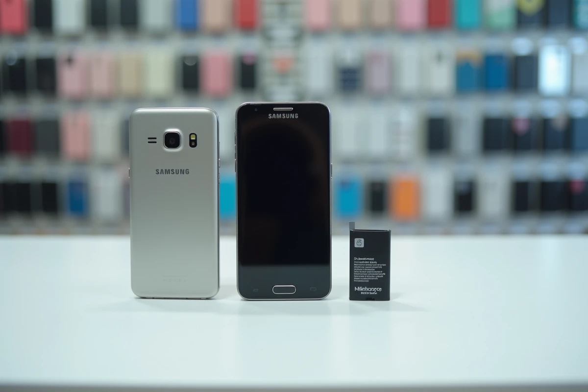Samsung E250 posé sur un présentoir de boutique à côté d'une batterie d'origine et d'une batterie compatible neuve avec étiquettes de prix