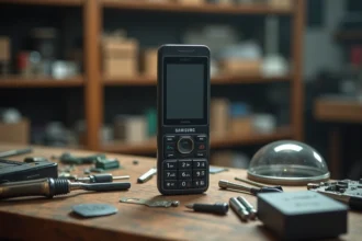 Samsung E250 ouvert avec batterie de remplacement et outils de réparation sur un établi en bois dans un atelier de téléphonie