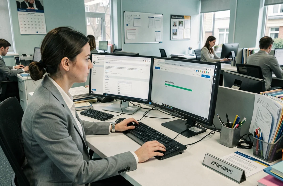Secrétaire scolaire attendant le chargement d'un webmail lent sur un double écran de bureau administratif
