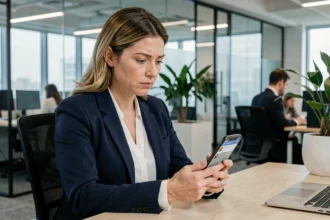 Femme professionnelle vérifiant la sécurité de ses messages WhatsApp Web au bureau