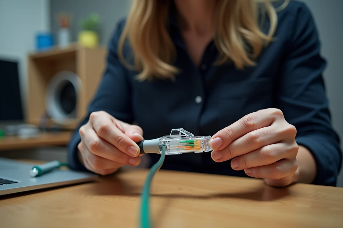 Femme sertissant une prise RJ45 avec une pince à sertir manuelle dans un bureau à domicile, câblage T568A visible dans le connecteur transparent