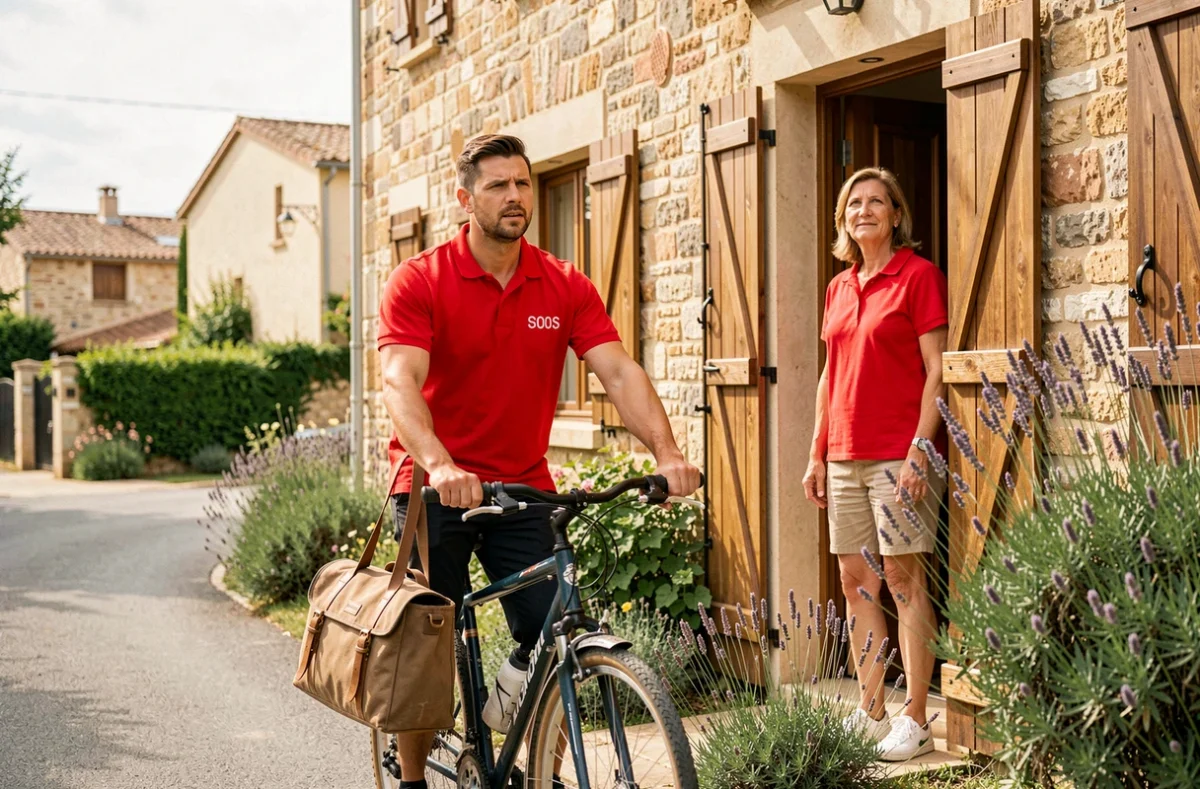 Technicien SOS Informatique en polo rouge arrivant à vélo au domicile d'un client dans une maison provençale du Vaucluse