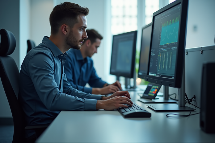 Spécialiste informatique utilisant l'outil Epsilon Scan dans un bureau lumineux
