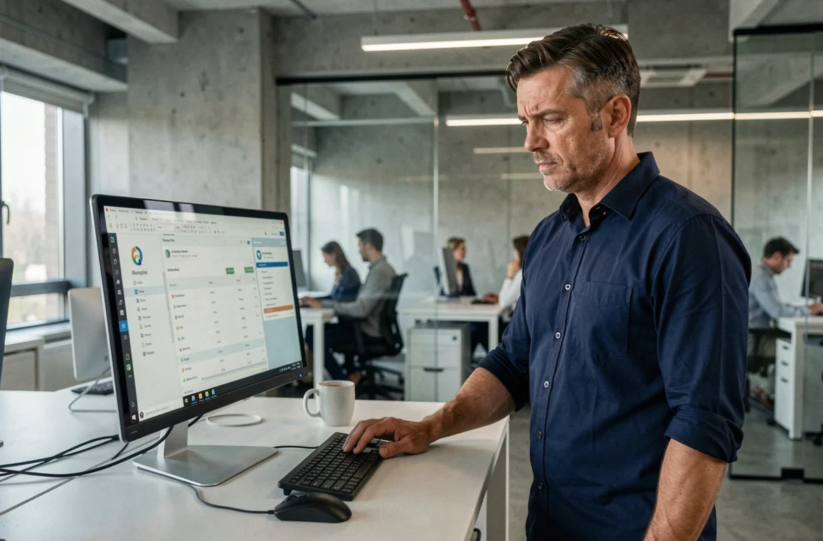 Homme consultant les statistiques de stockage de sa boîte email sur un grand écran de bureau en open space