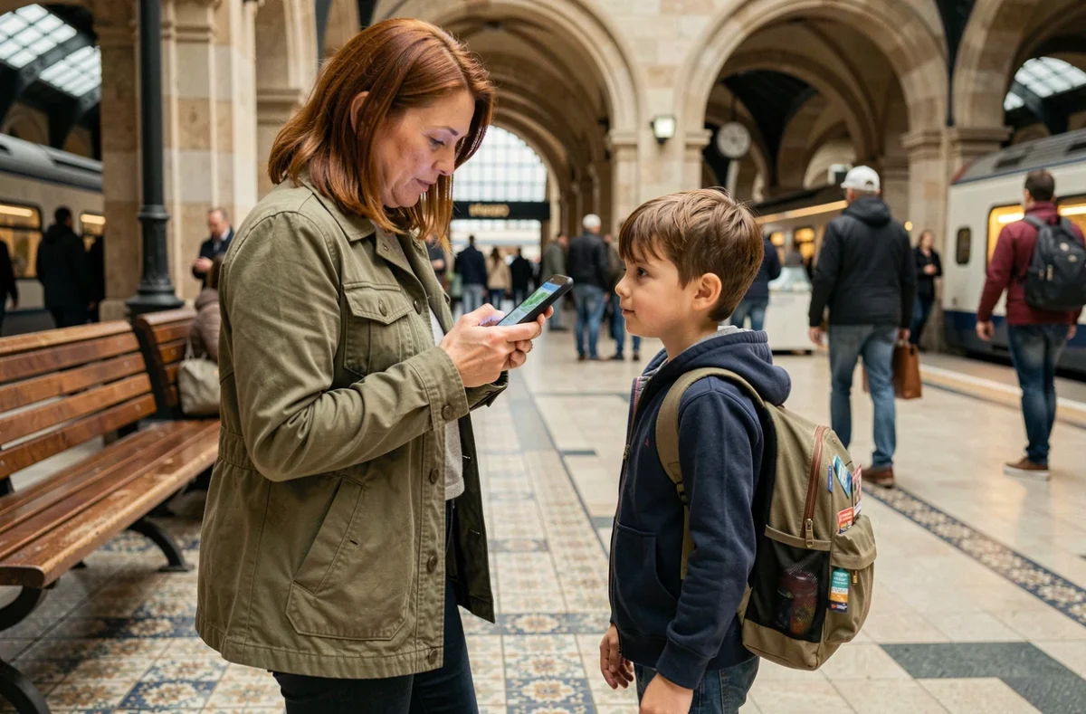 Mère consultant une application de suivi GPS sur smartphone pour localiser son enfant dans une gare européenne animée