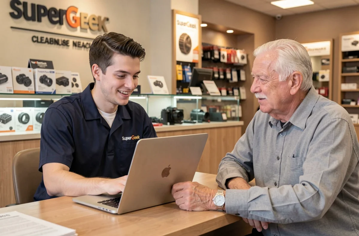 Technicien SuperGeek expliquant une réparation à un client âgé dans une boutique franchise à Toulouse