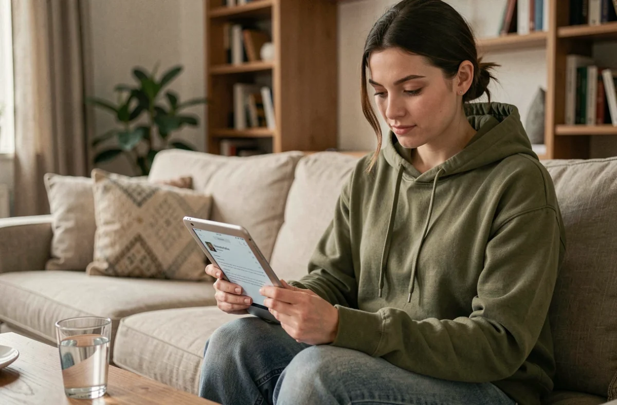 Jeune femme supprimant des emails anciens sur une tablette depuis son canapé pour libérer de l'espace de stockage