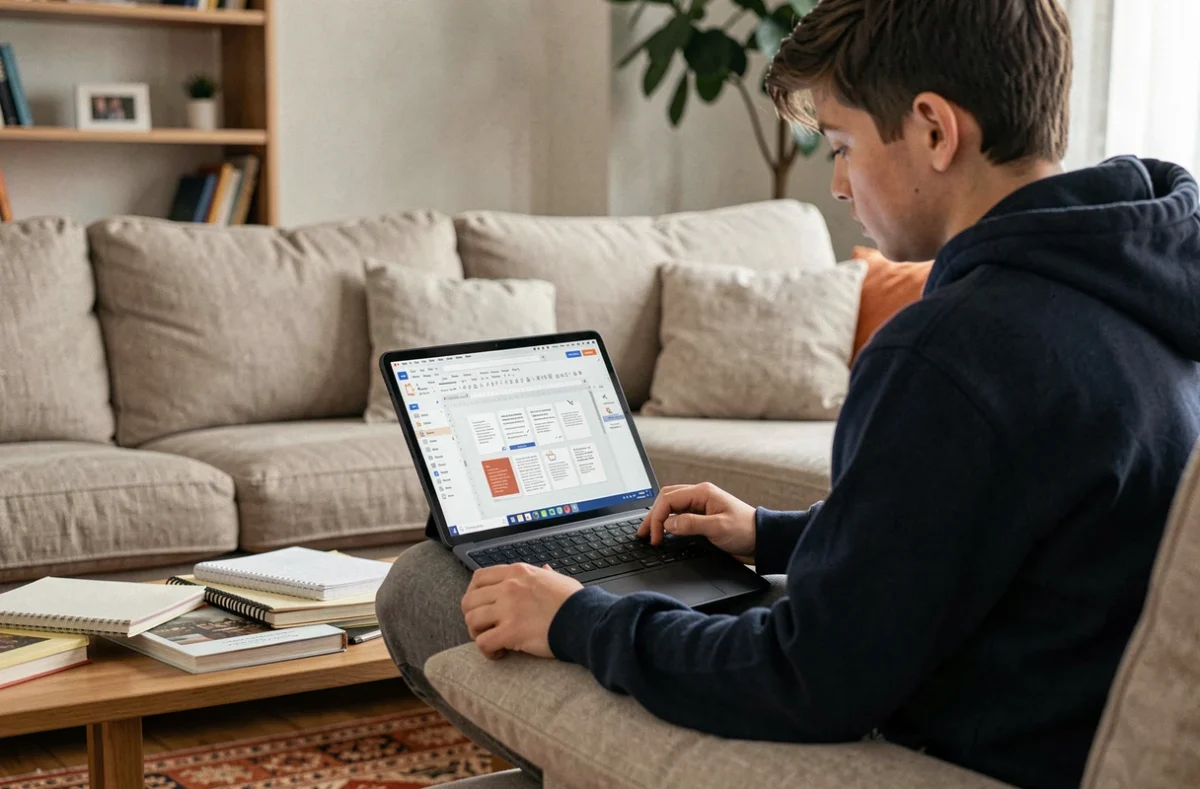 Étudiant supprimant des pages d'un PDF gratuitement sur une tablette depuis son canapé