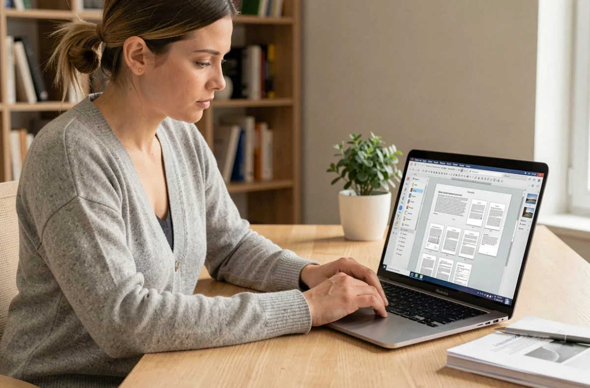 Femme utilisant un éditeur PDF sur un ordinateur portable pour supprimer des pages d'un document