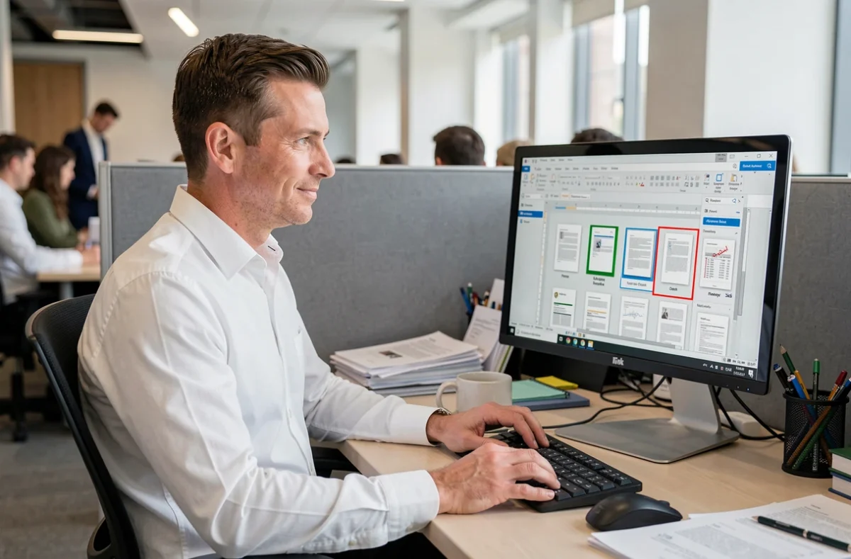 Homme en bureau supprimant des pages d'un fichier PDF sur un ordinateur de bureau en entreprise