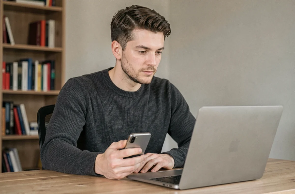Homme utilisant un smartphone Android et un ordinateur portable pour synchroniser le presse-papier entre les deux appareils