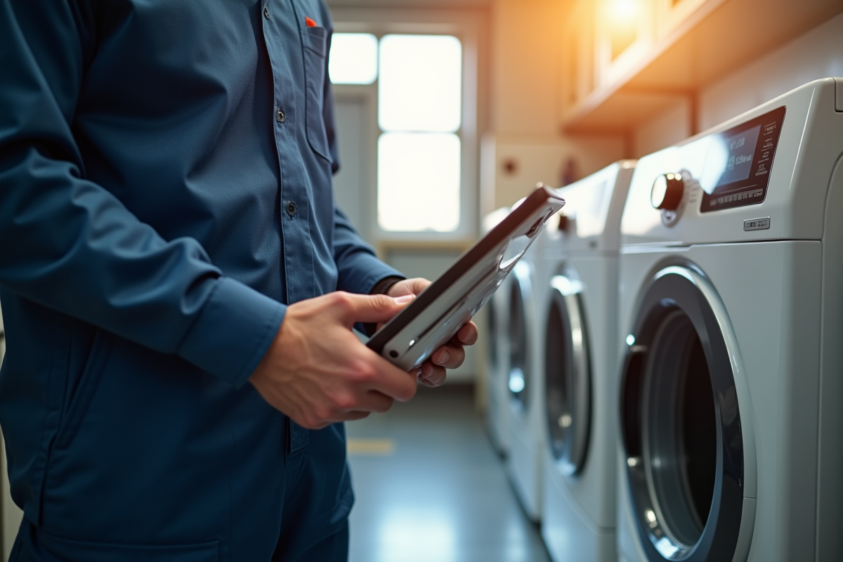 Technicien utilisant une tablette pour diagnostiquer une machine à laver