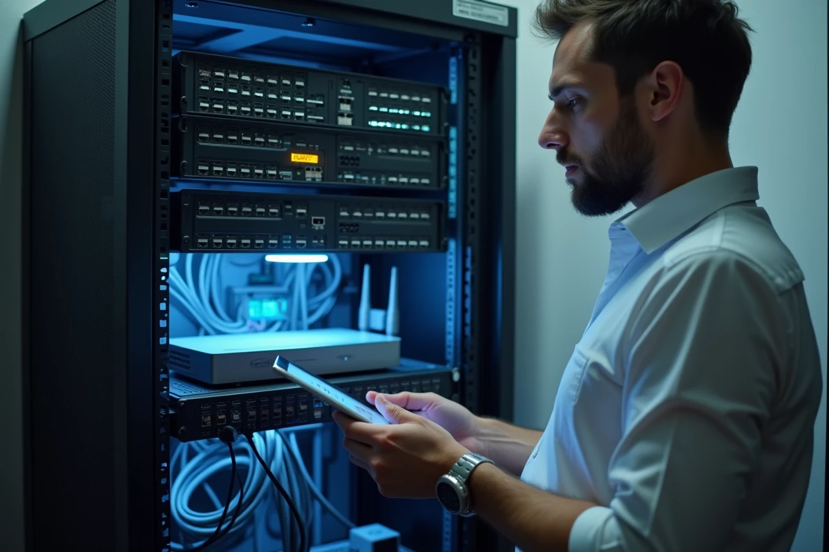 Technicien examinant un routeur Wi-Fi et une baie réseau dans une salle serveur domestique pour résoudre un problème de connexion