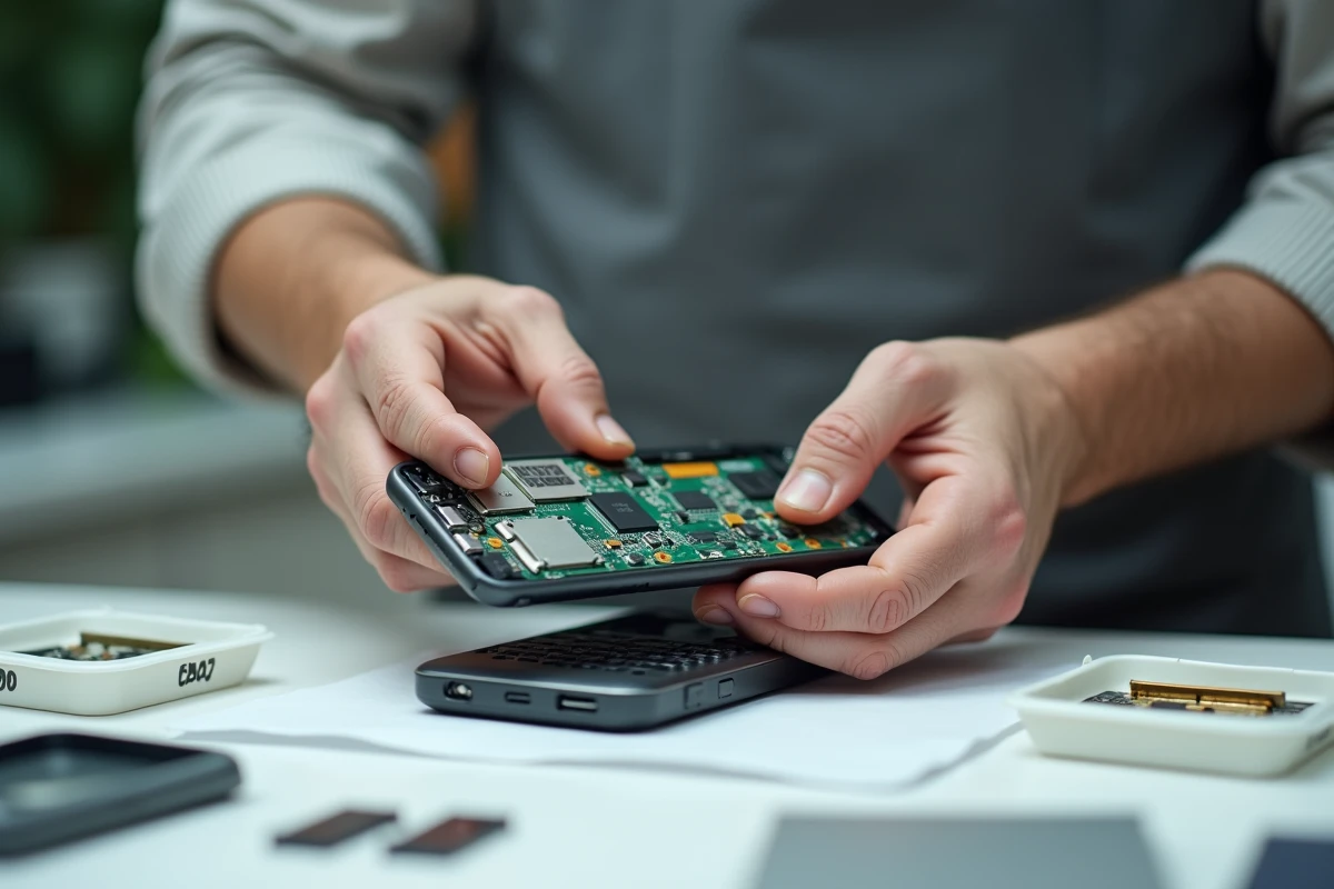 Technicien en tablier tenant un Samsung E250 démonté pour inspection des pièces détachées dans un atelier de réparation