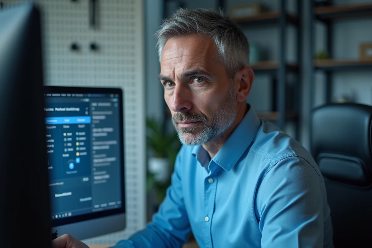 Un technicien informatique consulte le tableau de bord administrateur d'un routeur sur un écran de bureau dans un espace de travail professionnel
