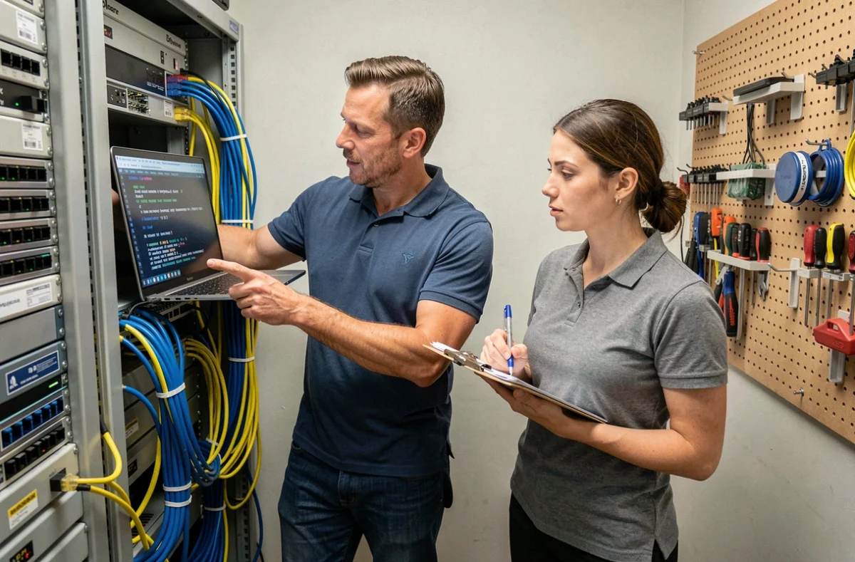 Deux techniciens réseau résolvant un problème de configuration IP dans une salle serveur de petite entreprise
