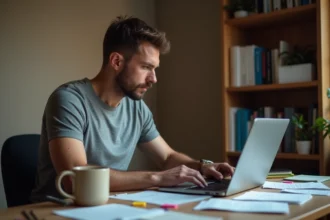 Homme concentré vérifiant le téléchargement d'un fichier ISO Windows sur son ordinateur portable dans un bureau à domicile