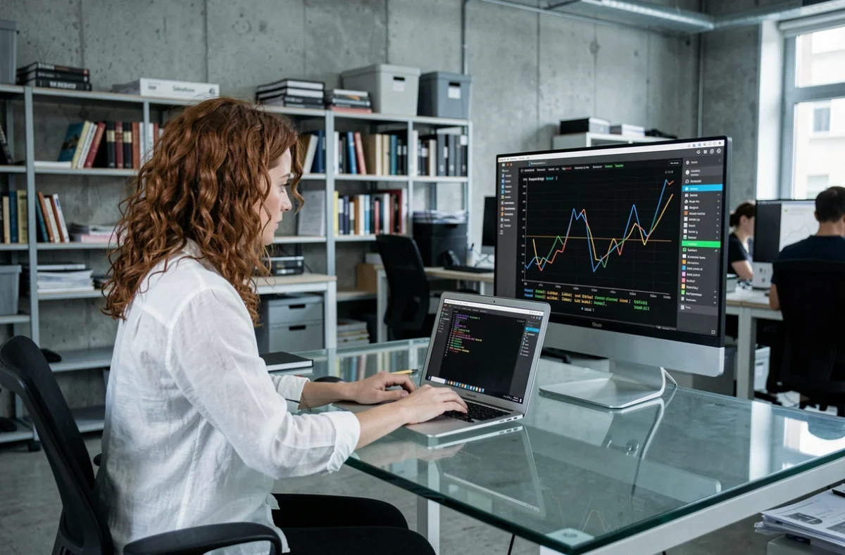 Femme utilisant le terminal macOS pour vider le cache système sur un MacBook Air dans un espace de coworking