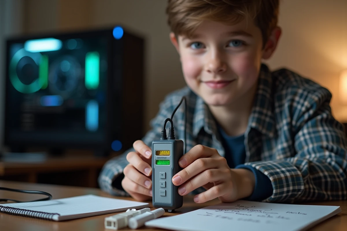 Adolescent testant un câble réseau RJ45 terminé avec un testeur de câble affichant les LEDs vertes de continuité, vérification du câblage réussi